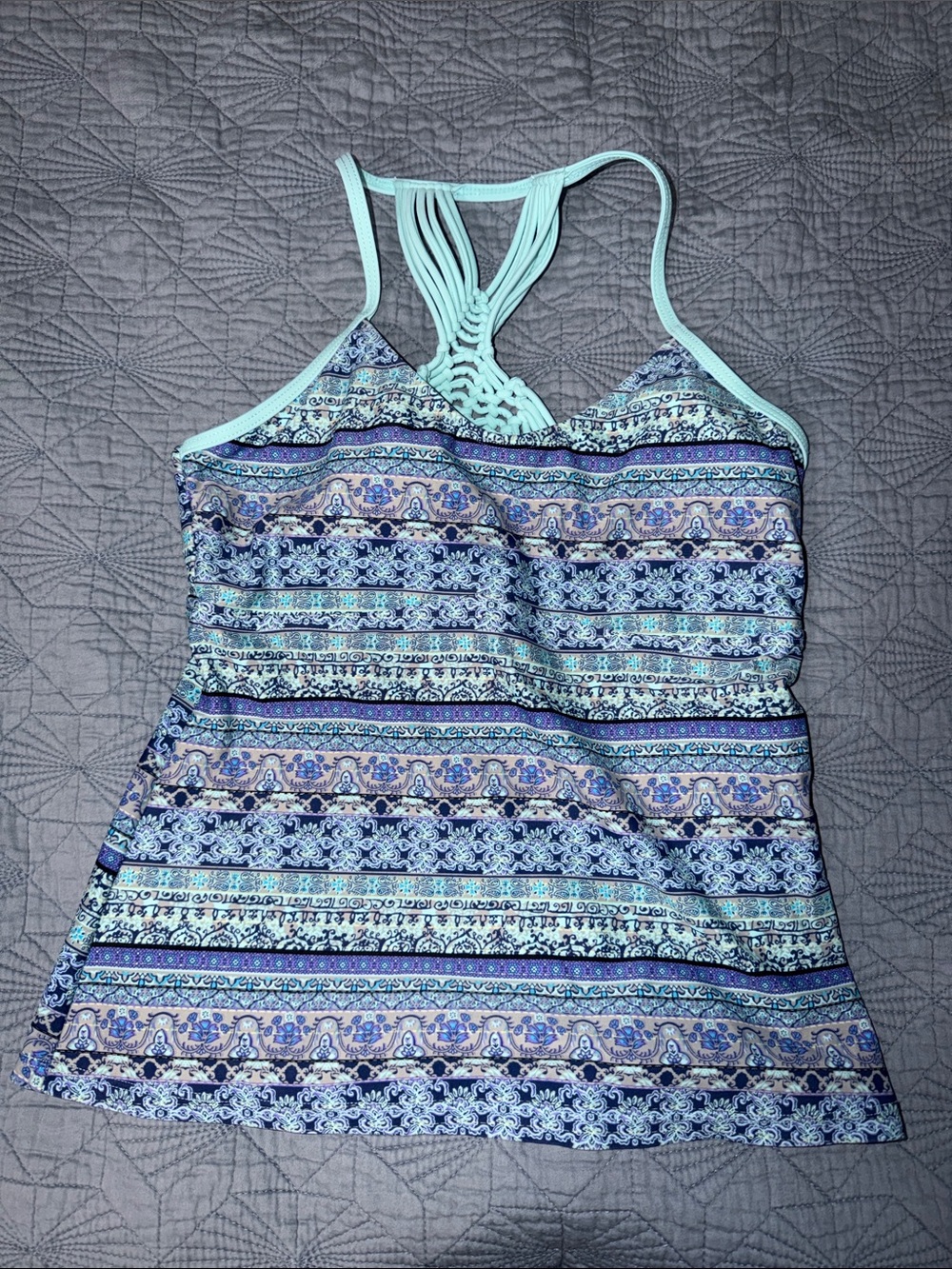Arizona Jean Company Light Aqua & Navy Patterned Strappy Swim Tank NWOT